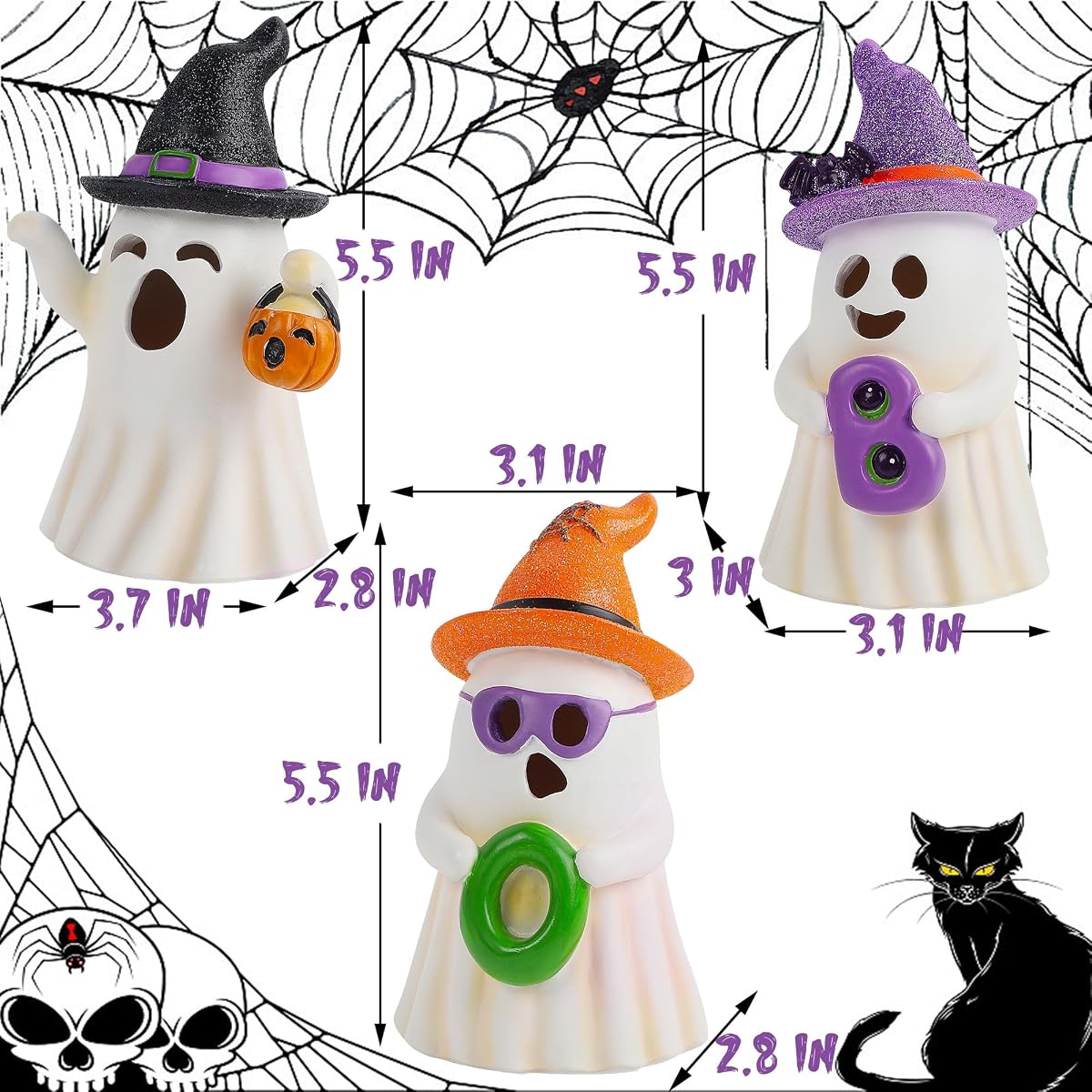 Lulu Home 3 Packs Halloween Tabletop Ornaments, 5.5" H Light Up Resin Ghosts Wearing Glittered Witch Hats, Boo Ghost Figurines for Indoor Fireplace Kitchen Shelf Holiday Decorations - detail image 1