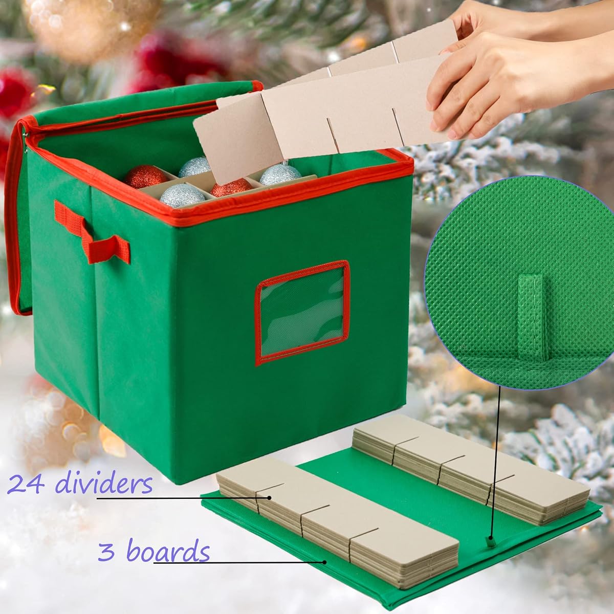 Lulu Home Christmas Ornament Storage Container, 600D Oxford Fabric Christmas Balls Storage Boxes, 4 Layers Ornament Storage Boxes Stores Up to 64 Ornaments with Zippered Closure and Two Handles, Green - detail image 2