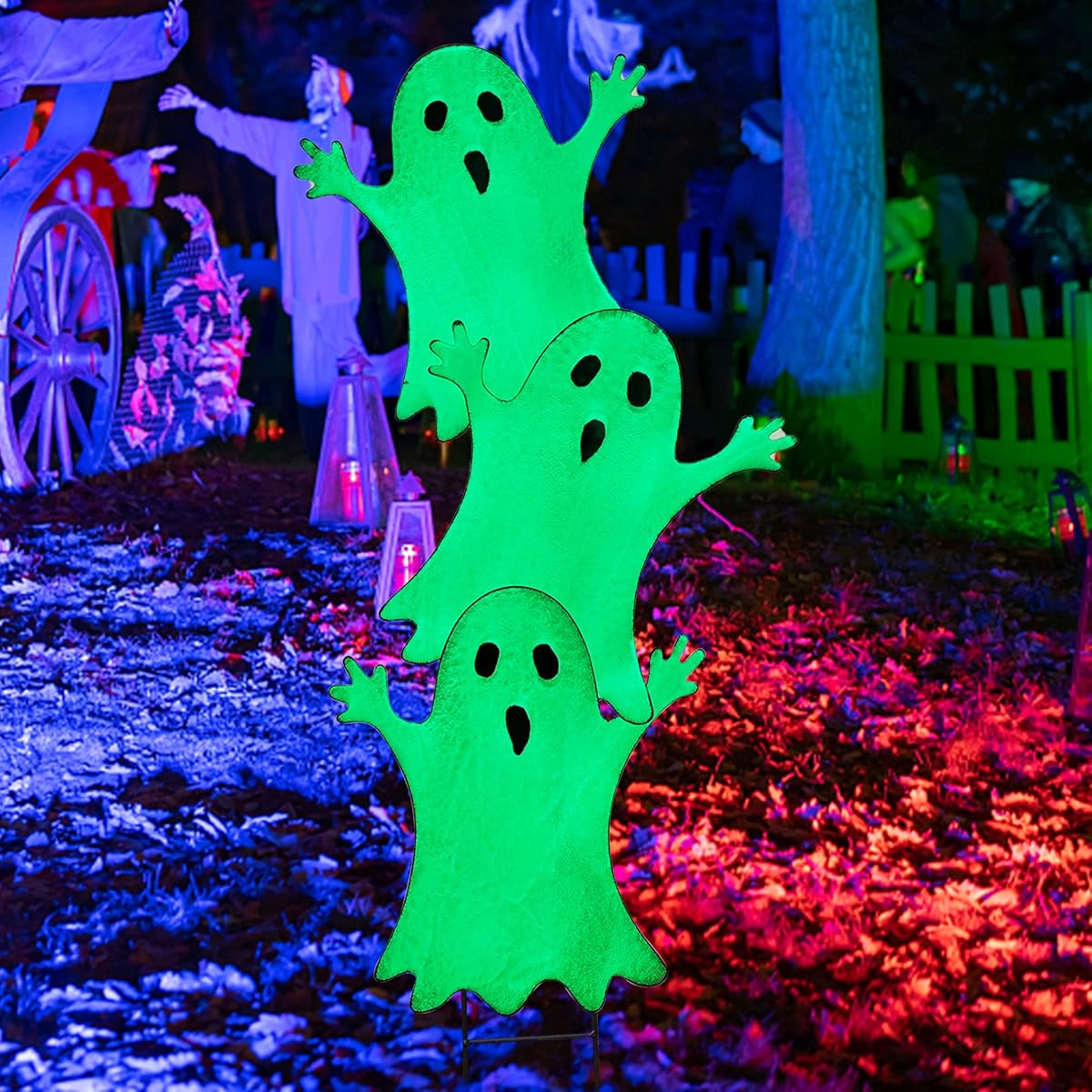 Lulu Home Halloween Yard Stake, 38.6" Glow in The Dark Metal Stacked Ghost with Green Fluorescent Layer, Halloween Yard Sign Stakes for Outdoor Front Yard Lawn Garden Decorations - imagen de detalle 4