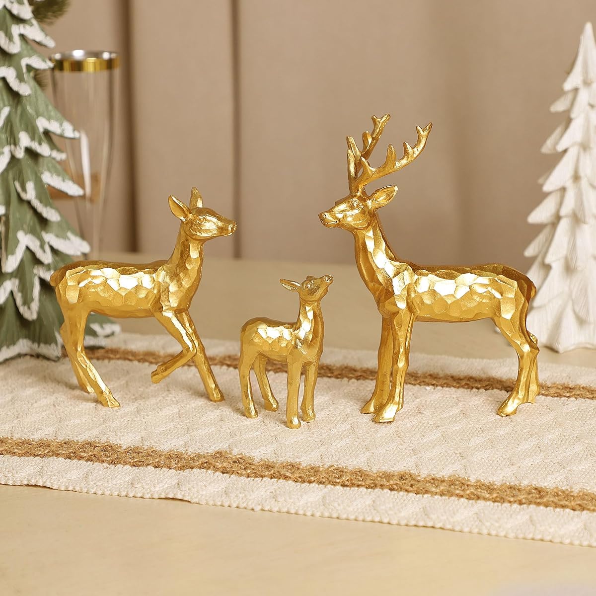 Lulu Home 3 PCS Christmas Tabletop Decorations, Resin Golden Reindeer Family Figurines with Diverse Postures, Xmas Holiday Winter Centerpieces Ornaments for Mantel Shelf Sill Decor(Family) - detail image 2