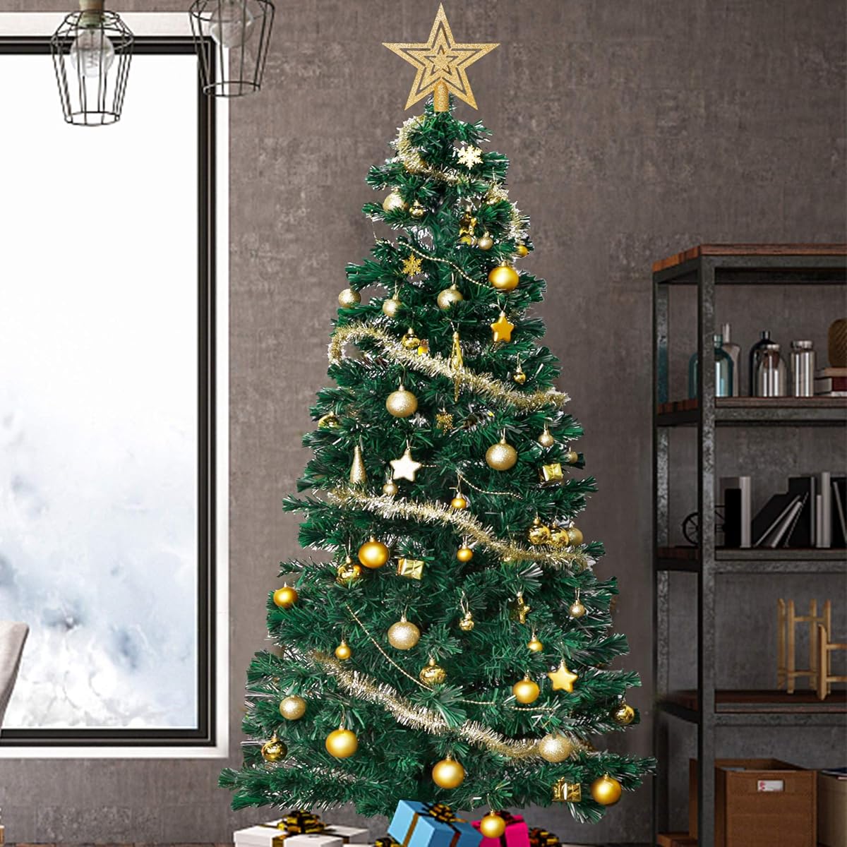 Lulu Home Assorted Christmas Tree Ornaments Set, 90 Pieces Including Balls Shuttle Five-Pointed Star Snowflakes Tree Top Star Mini Gift Boxes Tinsel Garland Bead Chain, Pre-Strung - imagen de detalle 3