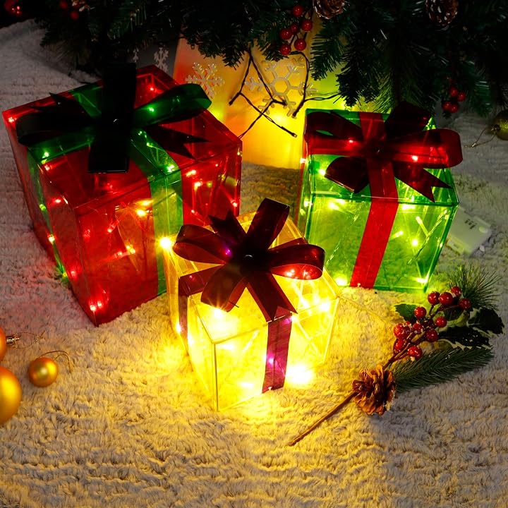 Lulu Home Christmas Lighted Gift Boxes, 60 LED Light Up Deocr Outdoor, Light Up Christmas Boxes Present Decorations Outdoor Yard Red Green Yellow