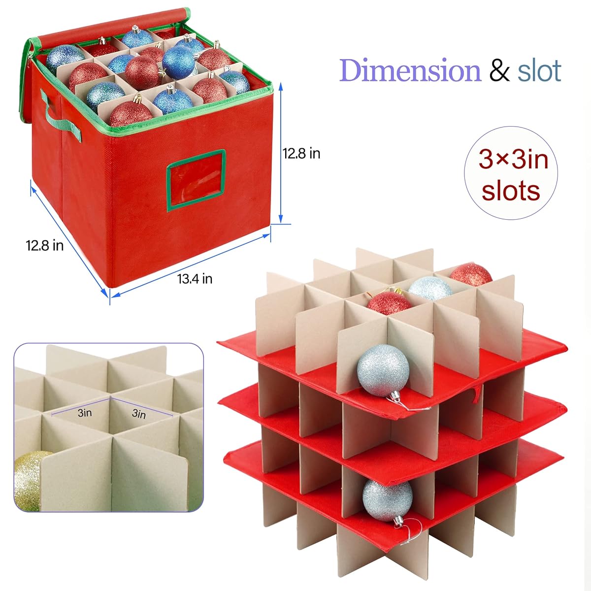 Lulu Home Christmas Ornament Storage Container, 600D Oxford Fabric Christmas Balls Storage Boxes, 4 Layers Ornament Storage Boxes Stores Up to 64 Ornaments with Zippered Closure and Two Handles, Red - imagem de detalhe 1