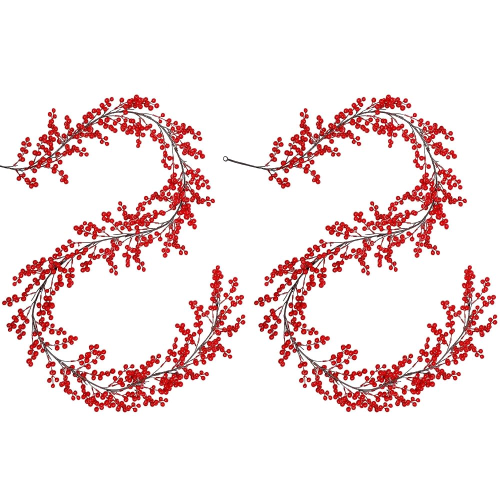 Lulu Home 2 Packs Red Berry Garland, 8.9FT Flexible Artificial Christmas Holly Berry Vine, Winter Berry Garland for Mantle Xmas Tree Window Door Hanging Indoor Outdoor Holiday Decoration
