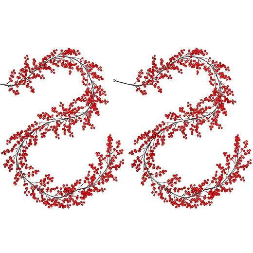 Lulu Home 2 Packs Red Berry Garland, 8.9FT Flexible Artificial Christmas Holly Berry Vine, Winter Berry Garland for Mantle Xmas Tree Window Door Hanging Indoor Outdoor Holiday Decoration