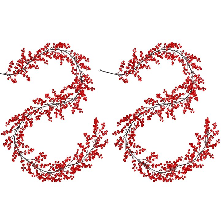 Lulu Home 2 Packs Red Berry Garland, 8.9FT Flexible Artificial Christmas Holly Berry Vine, Winter Berry Garland for Mantle Xmas Tree Window Door Hanging Indoor Outdoor Holiday Decoration