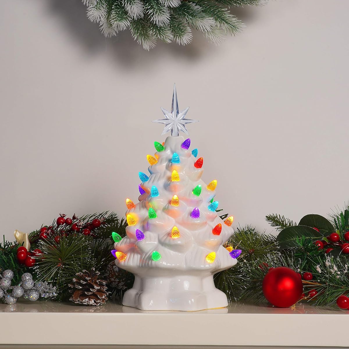 Lulu Home Ceramic Christmas Tree, 10 Inch LED Light Up Ceramic Tabletop Christmas Tree with 54 Multicolored Lights and a 7 Point Star Topper, White Mini Vintage Lighted Ceramic Tree for Tabletop - detail image 5