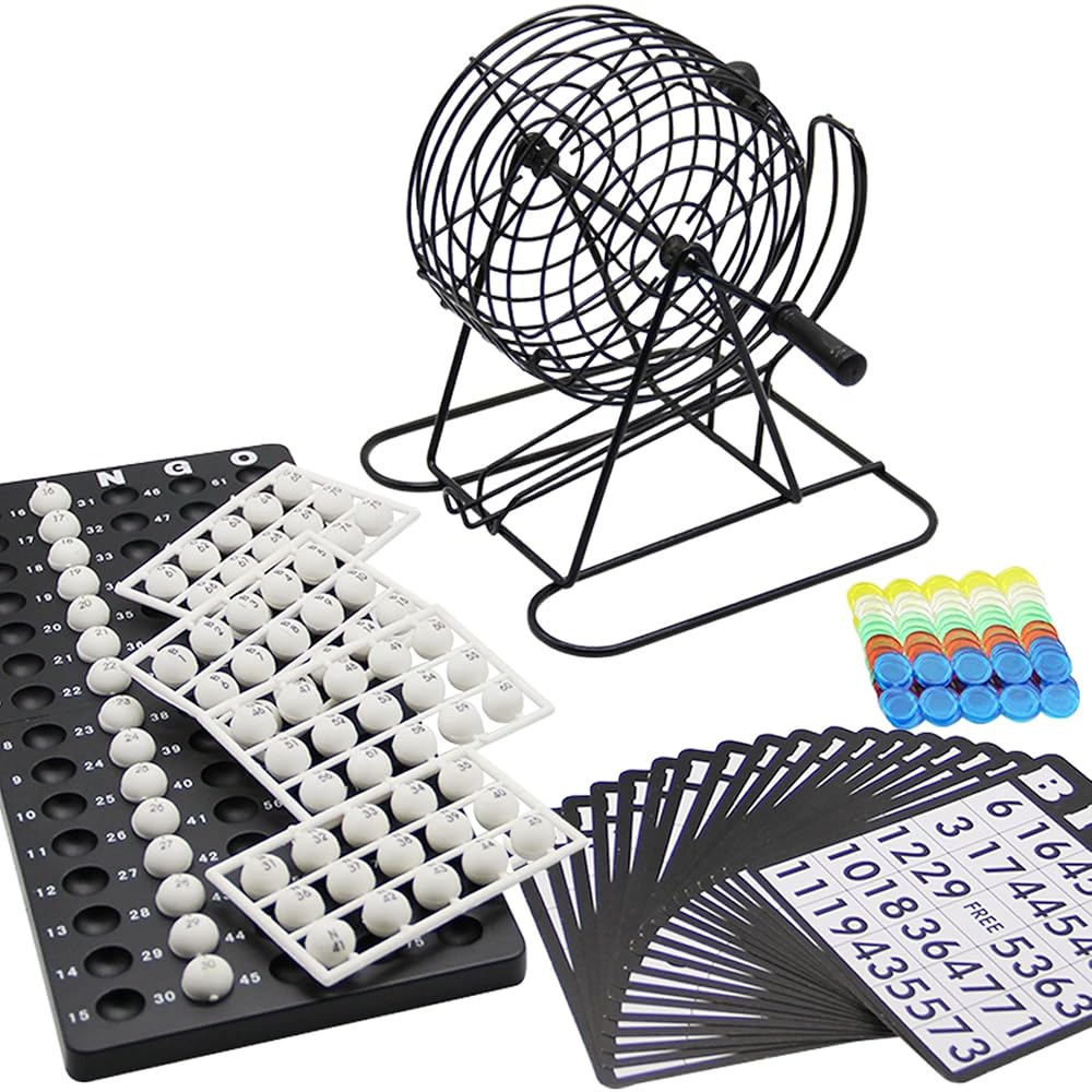 Lulu Home Bingo Game Set , 8 Inch Metal Bingo Cage Include 3/5 Inch White Balls, Bingo Chips, Bingo Board, 18 Bingo Cards, Black
