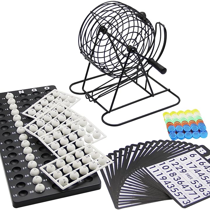 Lulu Home Bingo Game Set , 8 Inch Metal Bingo Cage Include 3/5 Inch White Balls, Bingo Chips, Bingo Board, 18 Bingo Cards, Black