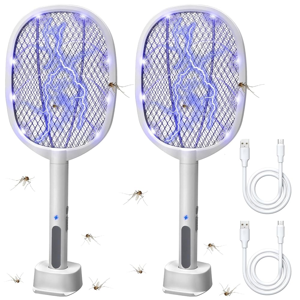 Lulu Home 2-in-1 Electric Bug Zapper Racket, 2 Pack 4000V High Voltage LED Lighted Handheld Mosquito Swatter with 3 Layer Safety Mesh, USB Charging Portable Fly Killer Racquet