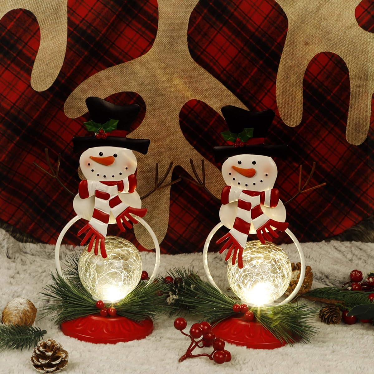 Lulu Home Lighted Christmas Table Decorations, 2 Pack 11.2 Inch Christmas Snowman Ornaments with Lighted Glass Ball, Battery Operated Lighted Snowman Decorations, Xmas Holiday Winter Tabletop Ornament - detail image 2