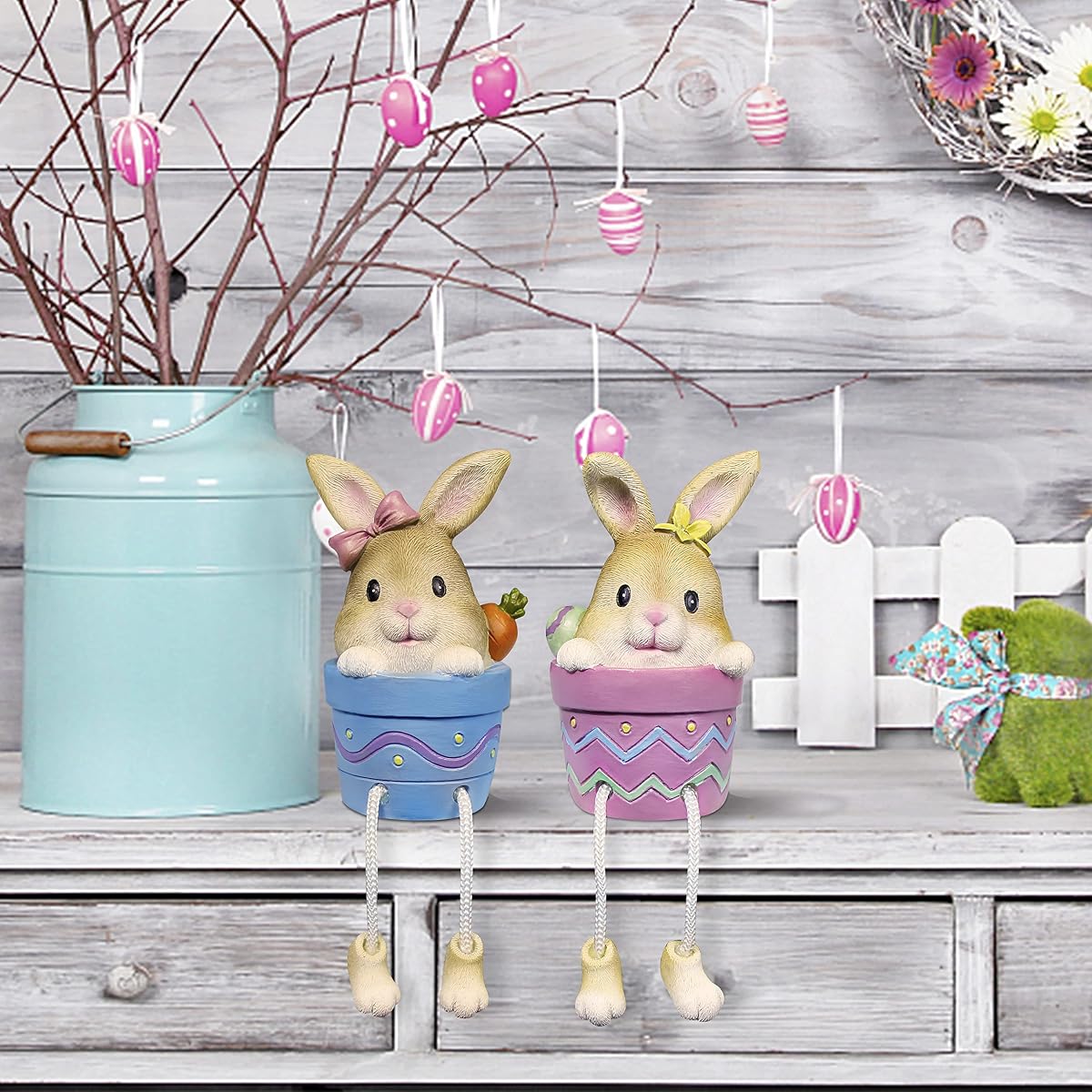 Lulu Home Easter Bunny Figurine, Set of 2 Resin Pot Bunny Shelf Sitters with Dangling Legs, Cute Modern Easter Statue Tabletop Sculpture Centerpieces Decorations - imagen de detalle 6