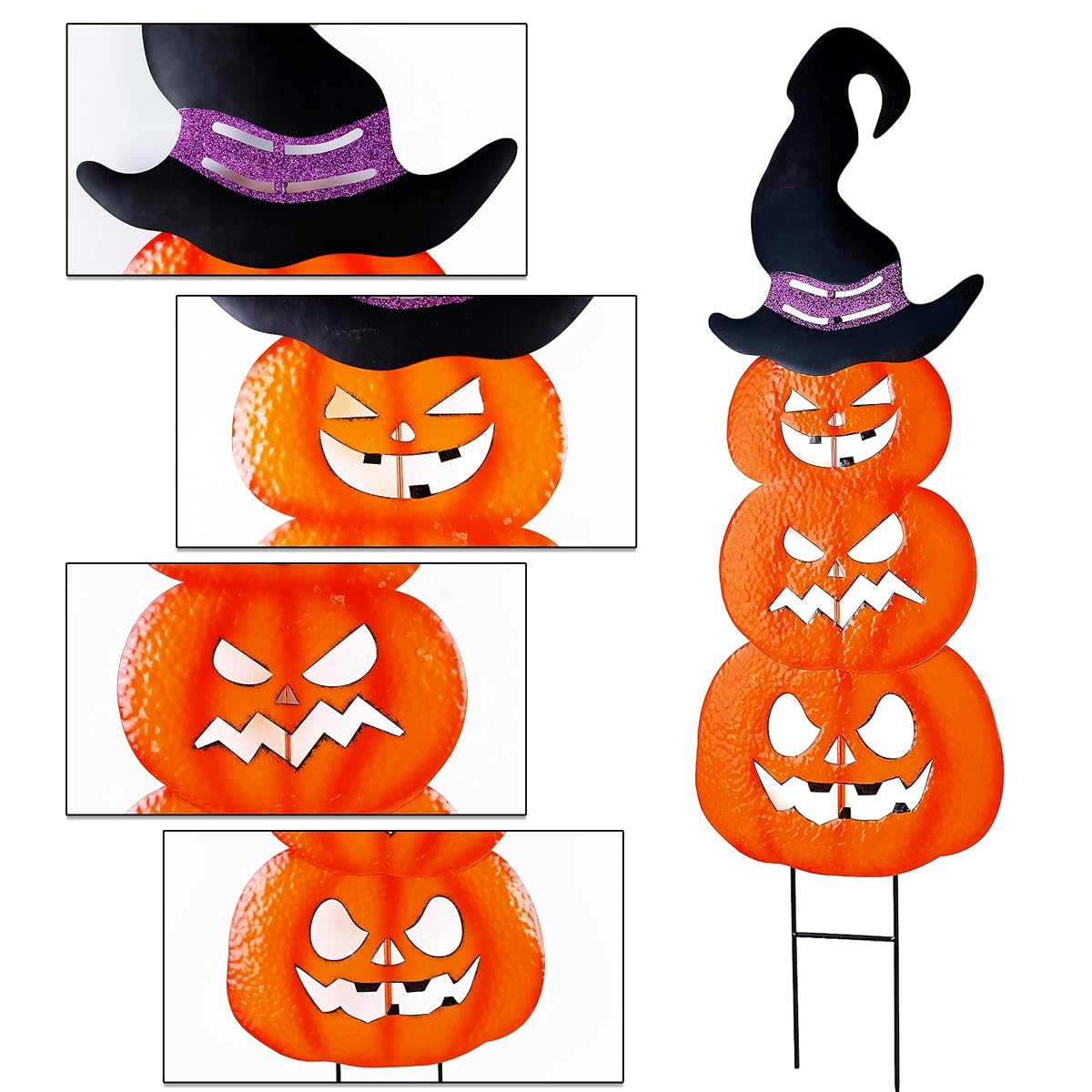 Lulu Home Halloween Yard Stake, 42" Metal Stacked Jack-O-Lanterns with Witch Hat, Halloween Pumpkin Yard Sign Stakes for Outdoor Front Yard Lawn Garden Decorations - imagem de detalhe 5