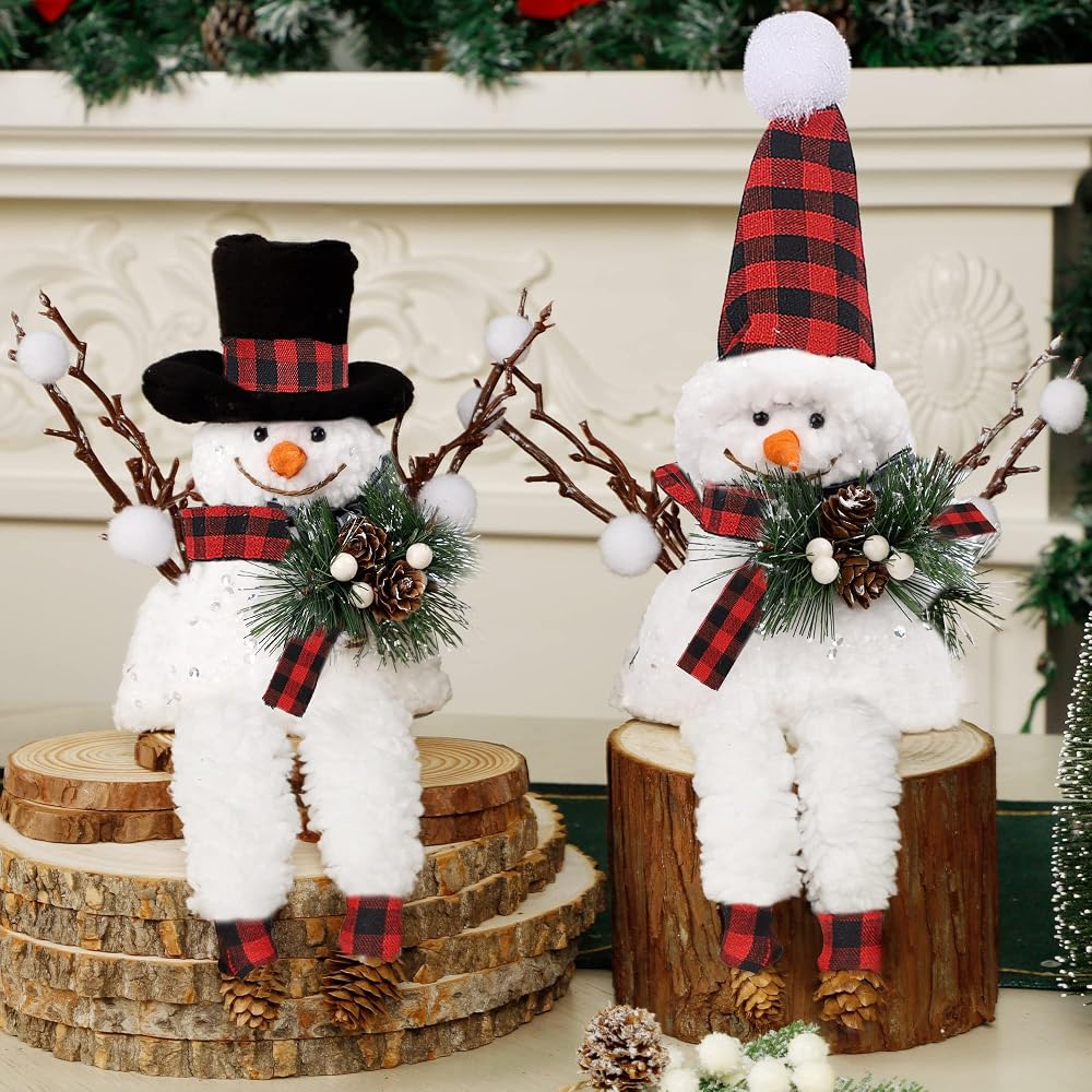 Lulu Home Christmas Snowman Decorations, Set of 2 Plush Shelf Sitters with Dangling Legs, Buffalo Checked Christmas Snowman Ornaments for Table Mantel Desk Fireplace Home Holiday Decor
