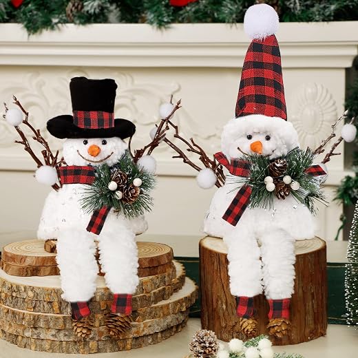 Lulu Home Christmas Snowman Decorations, Set of 2 Plush Shelf Sitters with Dangling Legs, Buffalo Checked Christmas Snowman Ornaments for Table Mantel Desk Fireplace Home Holiday Decor