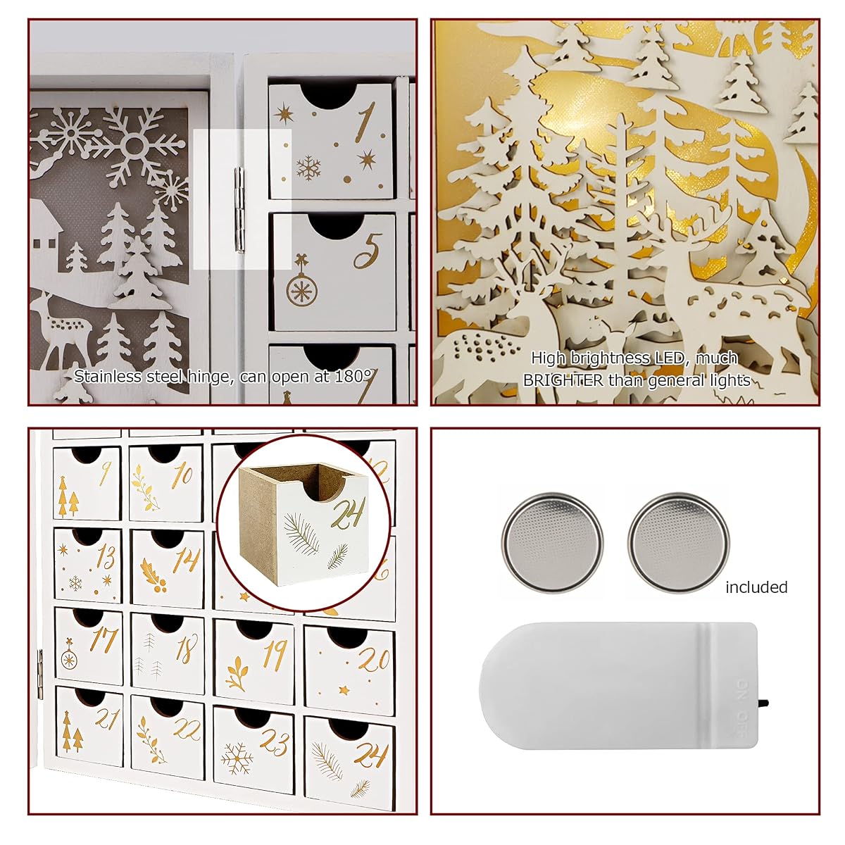 Lulu Home Christmas Wooden Advent Calendar with Drawers, LED Light Up Reusable Advent Book 24 Days Countdown to Christmas, Large Fill Your Own Advent Box Christmas Table Top Decorations - 细节图 2