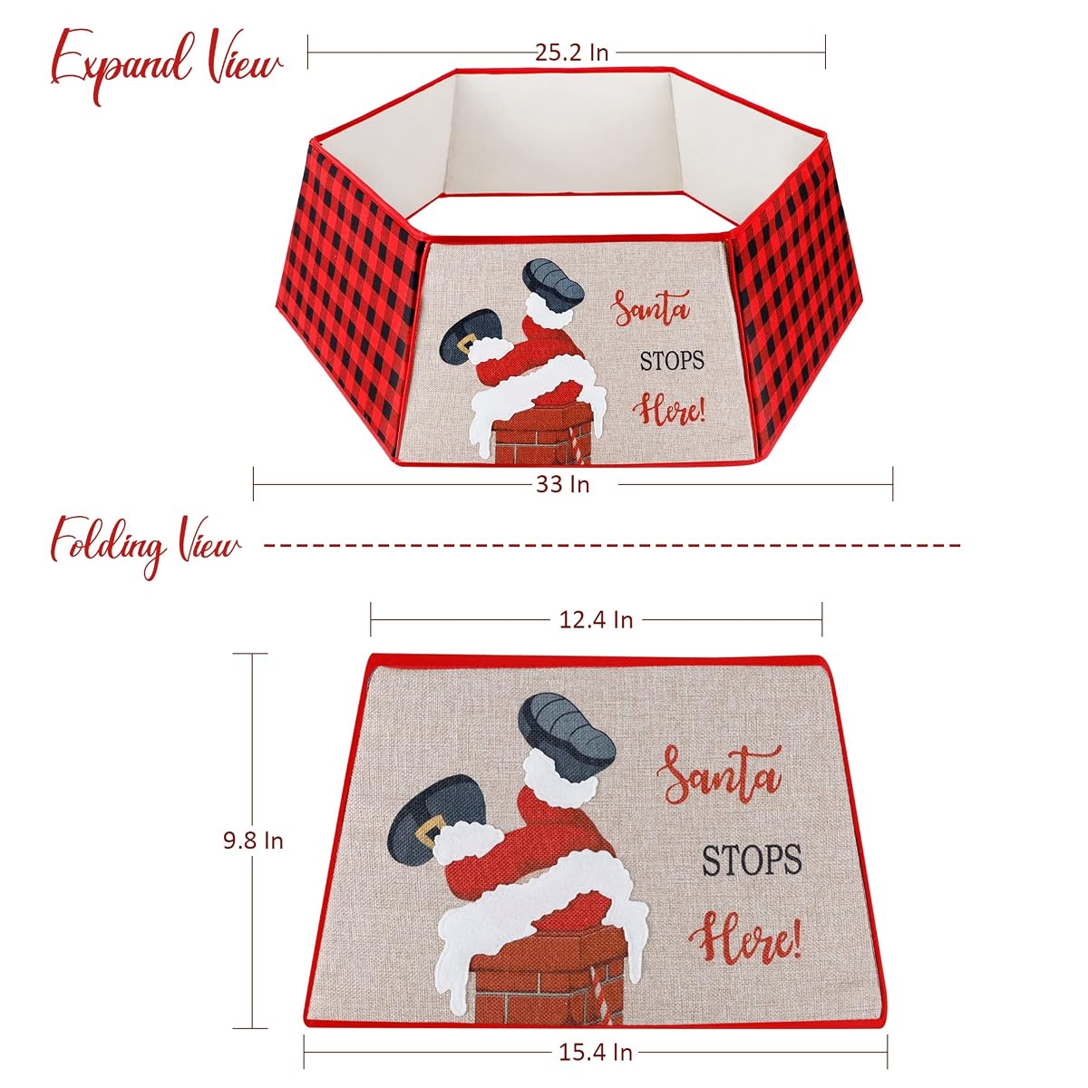 Lulu Home Christmas Tree Collar, 25 Inch - 33 Inch Foldable Hexagon Buffalo Plaid Christmas Tree Fabric Base Collar with Santa Goes Down the Chimney, Xmas Tree Bottom Stand Cover Under Tree Decoration - imagen de detalle 1