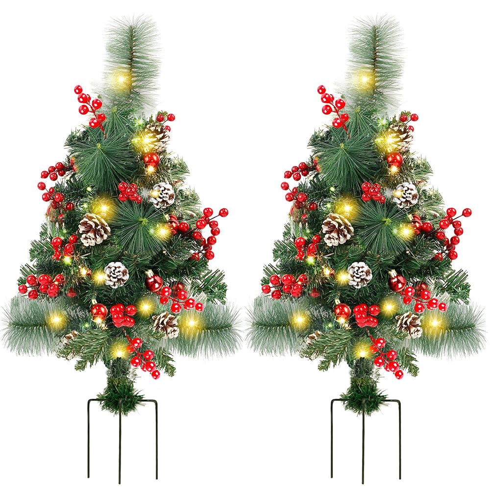 Lulu Home 2 Packs Pre-Lit Christmas Trees with Stake, 2.5FT H 60 LED Lighted Small Xmas Urn Planter Filler with Red Berries Red Balls Pine Cones Lights for Pathway Yard Garden Outdoor Decorations