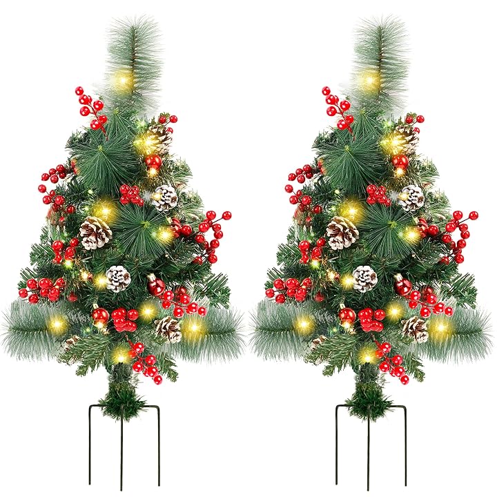 Lulu Home 2 Packs Pre-Lit Christmas Trees with Stake, 2.5FT H 60 LED Lighted Small Xmas Urn Planter Filler with Red Berries Red Balls Pine Cones Lights for Pathway Yard Garden Outdoor Decorations
