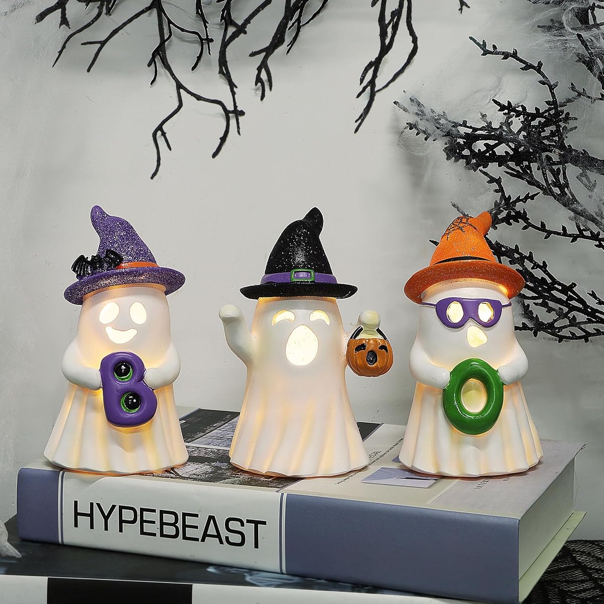 Lulu Home 3 Packs Halloween Tabletop Ornaments, 5.5" H Light Up Resin Ghosts Wearing Glittered Witch Hats, Boo Ghost Figurines for Indoor Fireplace Kitchen Shelf Holiday Decorations - detail image 5