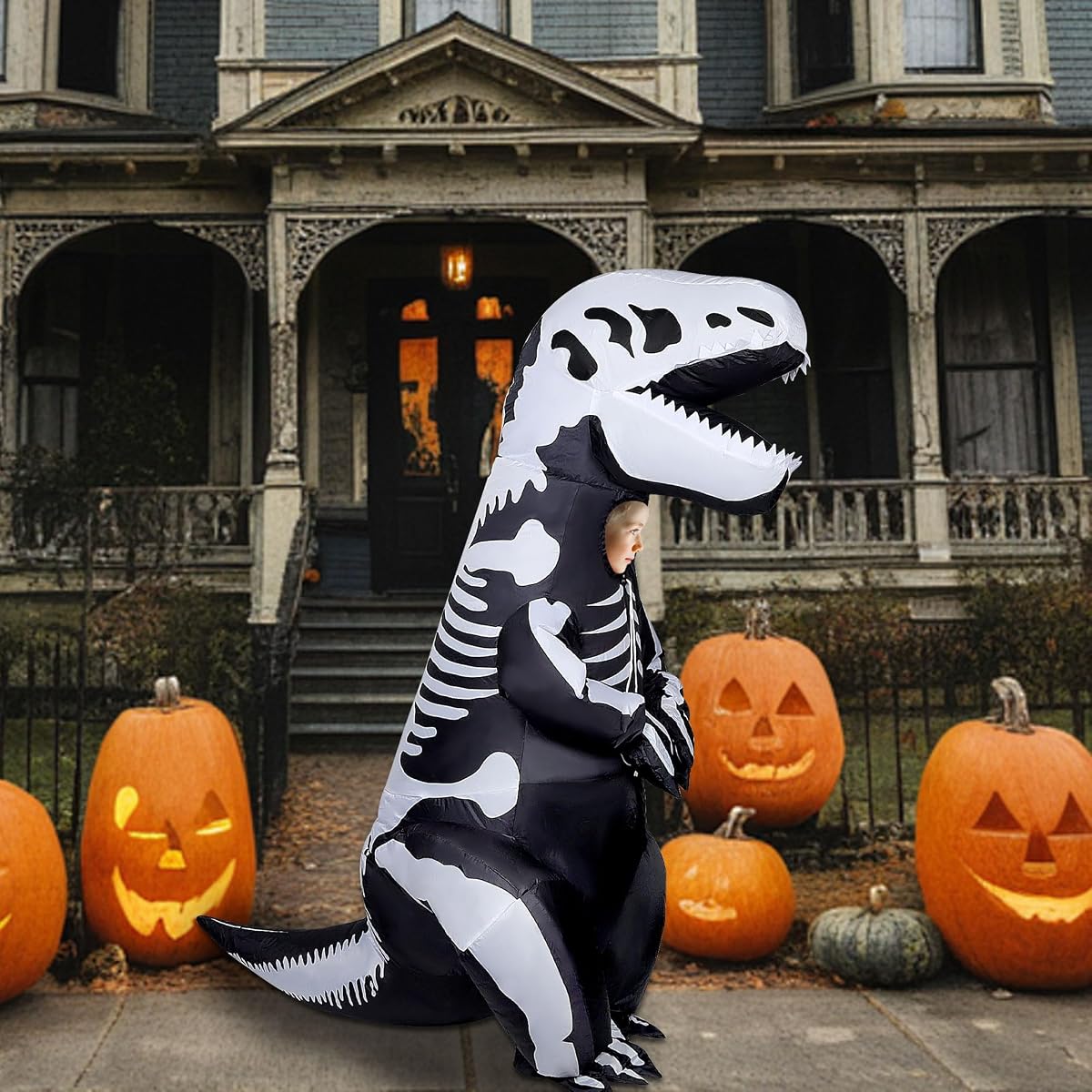 Lulu Home 5.9FT H Inflatable Dinosaur T-Rex Costume for Kids, Halloween Blow Up Fancy Dress Costume for Boys Girls Dinosaur Themed Party Trick or Treat Activity, Black & White - Small - imagem de detalhe 5