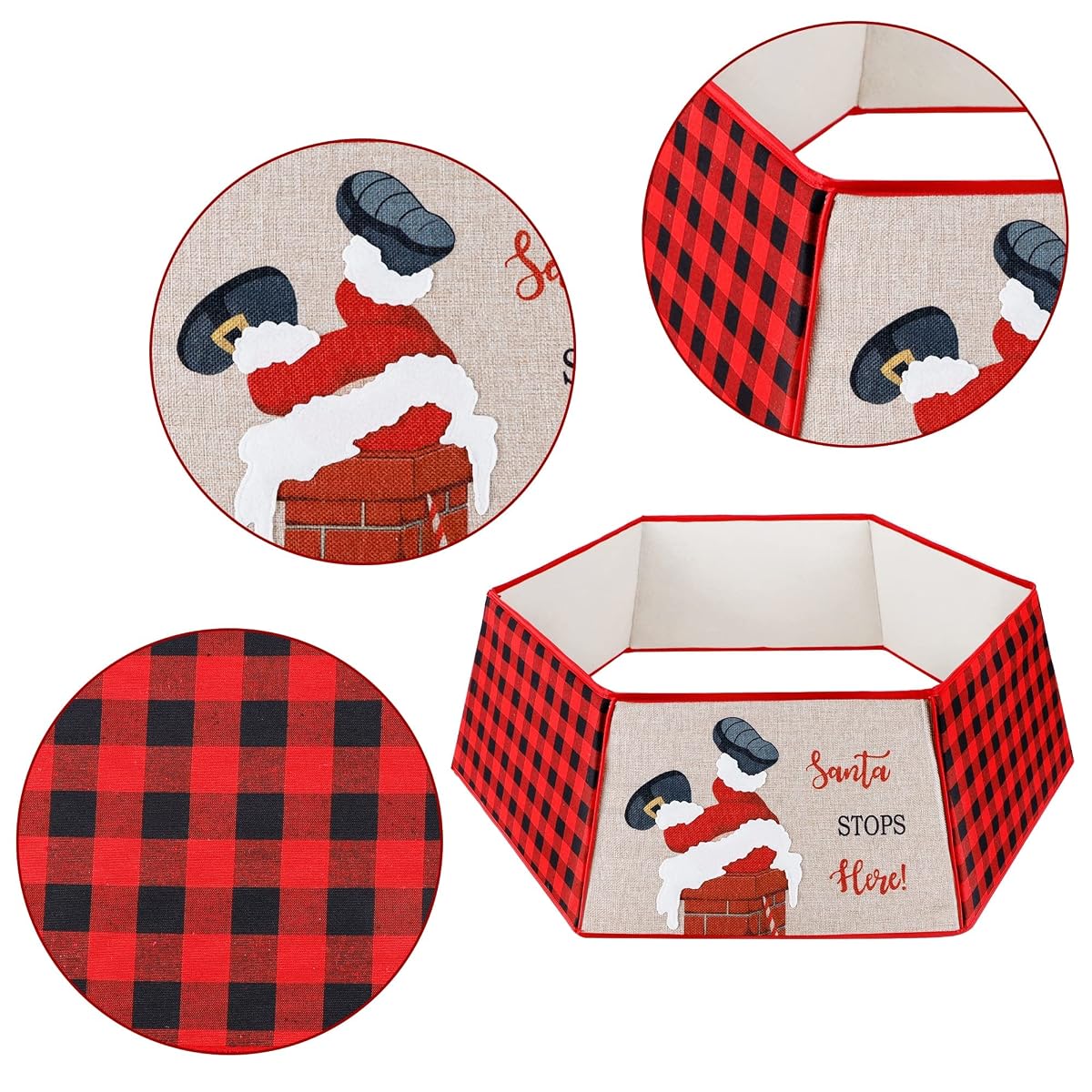 Lulu Home Christmas Tree Collar, 25 Inch - 33 Inch Foldable Hexagon Buffalo Plaid Christmas Tree Fabric Base Collar with Santa Goes Down the Chimney, Xmas Tree Bottom Stand Cover Under Tree Decoration - imagen de detalle 2