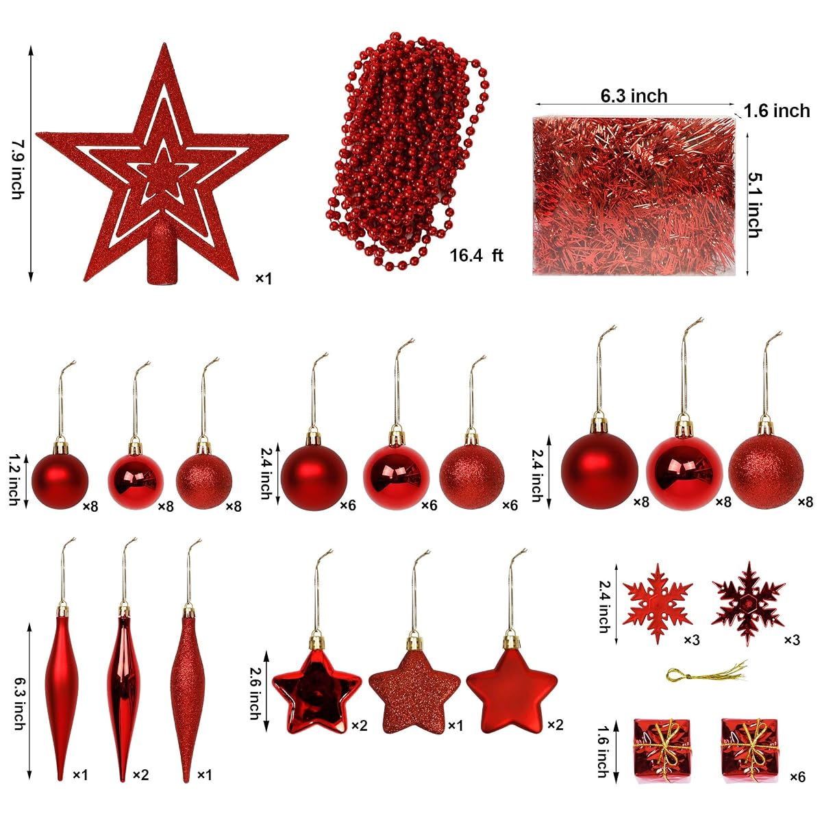 Lulu Home Christmas Assorted Ball Ornaments, 90 Pieces Including Balls Shuttle Five-Pointed Star Snowflakes Tree Top Star Mini Gift Boxes Tinsel Garland Bead Chain for Xmas, Pre-Strung - imagem de detalhe 2