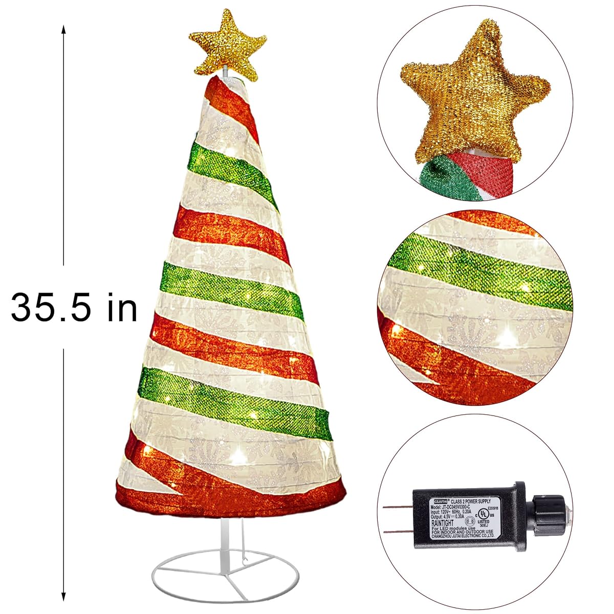 Lulu Home 35 Inch Collapsible Christmas Tree Decor, 48 LED Pre-lit Fabric Christmas Tree with Star Topper, Plug-in Foldable Light Up Spiral Cone Xmas Tree Indoor Outdoor Yard Decor, Red & Green - detail image 1