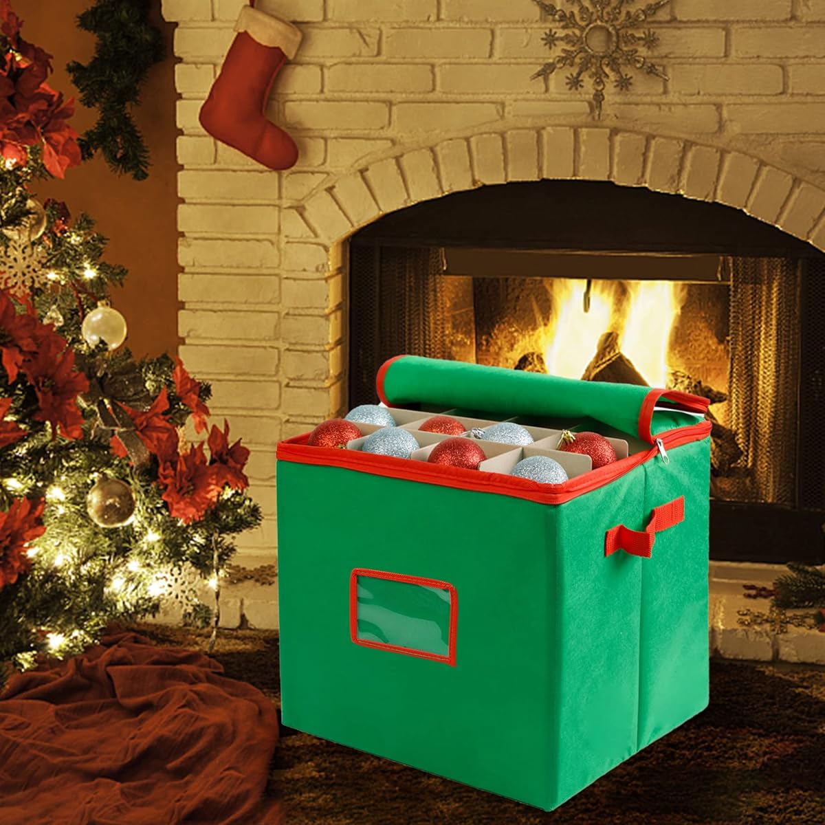 Lulu Home Christmas Ornament Storage Container, 600D Oxford Fabric Christmas Balls Storage Boxes, 4 Layers Ornament Storage Boxes Stores Up to 64 Ornaments with Zippered Closure and Two Handles, Green - detail image 6