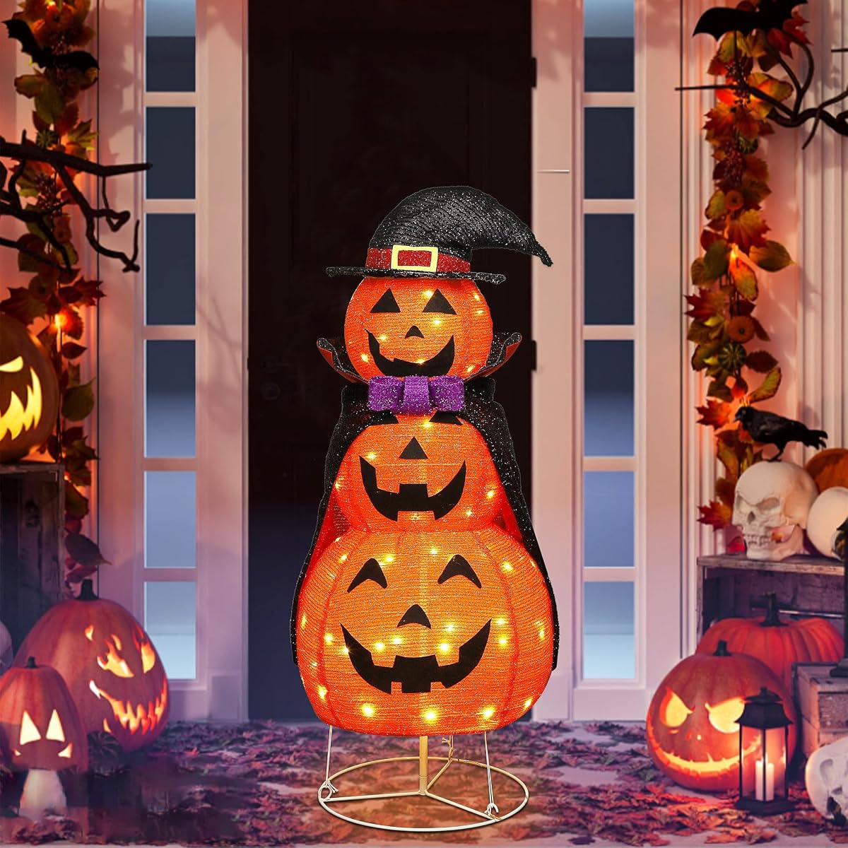 Lulu Home 3.5FT Light Up Halloween Decoration, 60 LED Collapsible Stacked Pumpkins with Vampire Cloak, Plug-in Pre-lit Jack-O-Lantern Front Door Porch Indoor Outdoor Decoration - imagen de detalle 3