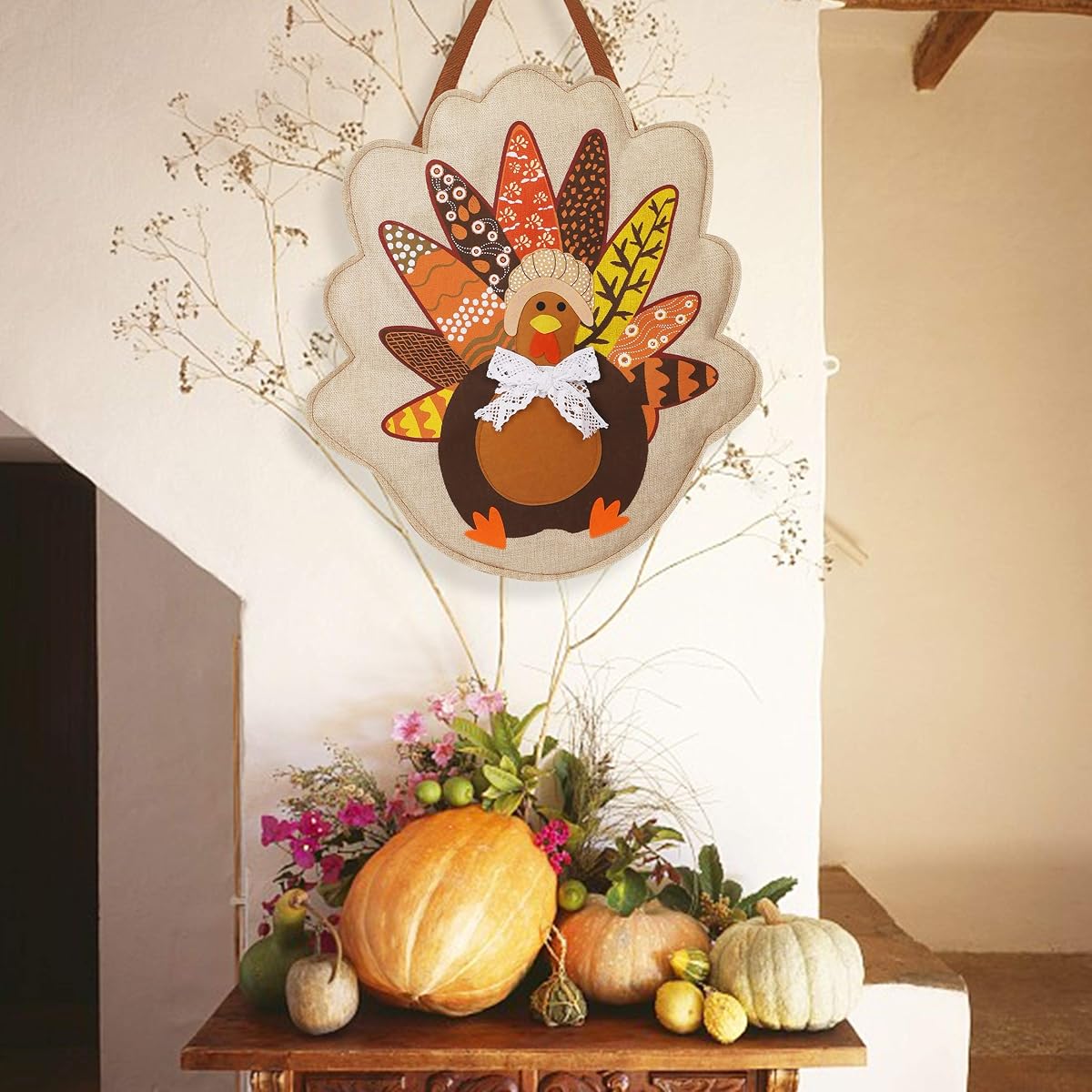 Lulu Home Thanksgiving Door Hainging Decoration, Fall Harvest Burlap Turkey Hanging Decor, Fall Thanksgiving Wall Decorations, Turkey Front Door Hanging Sign, Home Burlap Door Decor for Autumn - detail image 3