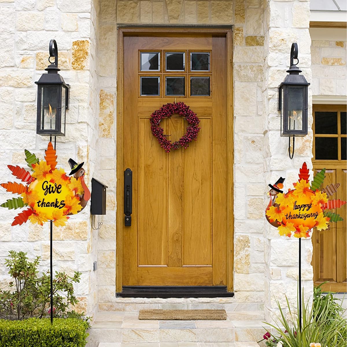 Lulu Home Thanksgiving Turkey Decors, 36" Give Thanks Metal Turkey Stakes Adorned with Maple Leaves Pumpkins, Happy Thanksgiving Autumn Fall Lawn Yard Outdoor Decorations, 2 Pack - 细节图 3