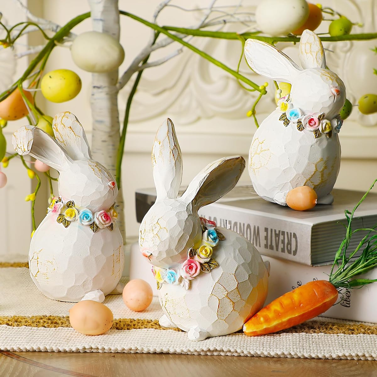 Lulu Home 3 Packs Easter Tabletop Ornaments, Resin White Bunnies Figurines with Floral Wreaths Around Necks, Standing Rabbit Statues for Spring Garden Home Mantel Indoor Outdoor Decorations - detail image 3