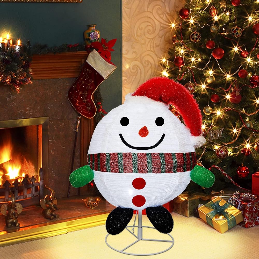 Lulu Home Christmas Collapsible Snowman Decoration, 23.6inch 48 LED Lighted Ball-Like Snowman Ornaments with Clear Lights, Pre-lit Foldable Adorable Xmas Indoor Outdoor Yard Decor