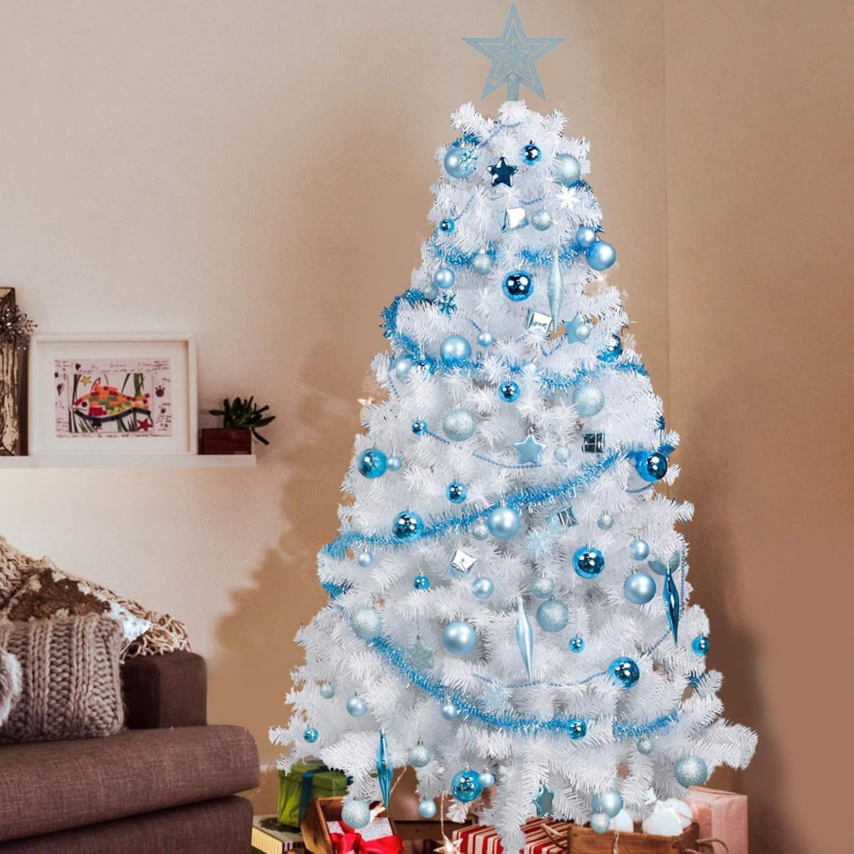 Lulu Home Assorted Christmas Tree Ornaments Set, 90 Pieces Including Balls Shuttle Five-Pointed Star Snowflakes Tree Top Star Mini Gift Boxes Tinsel Garland Bead Chain, Pre-Strung - imagem de detalhe 5