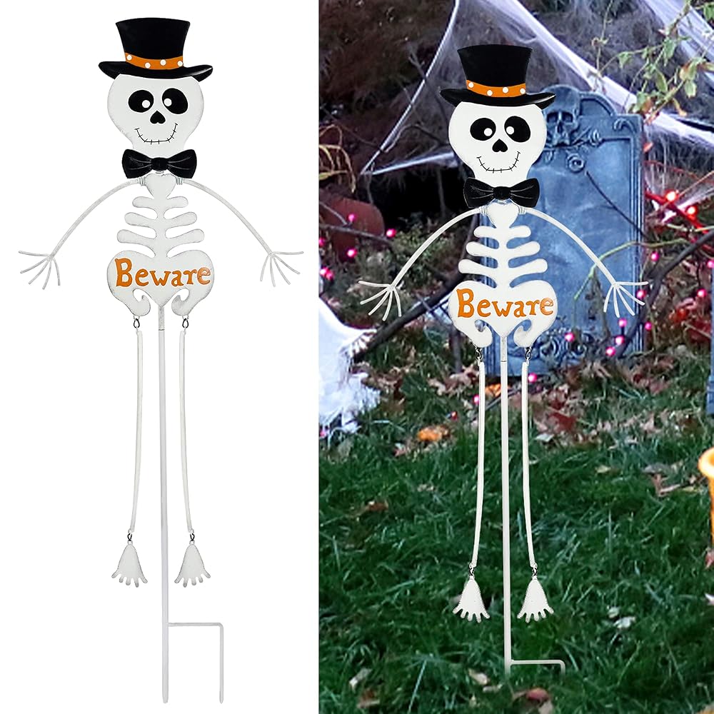 Lulu Home Halloween Yard Stake, 34.6" Metal Well Dressed Standing Skeletons, Outdoor Garden Lawn Driveway Yard Sign for Day of the Dead Halloween Decorations