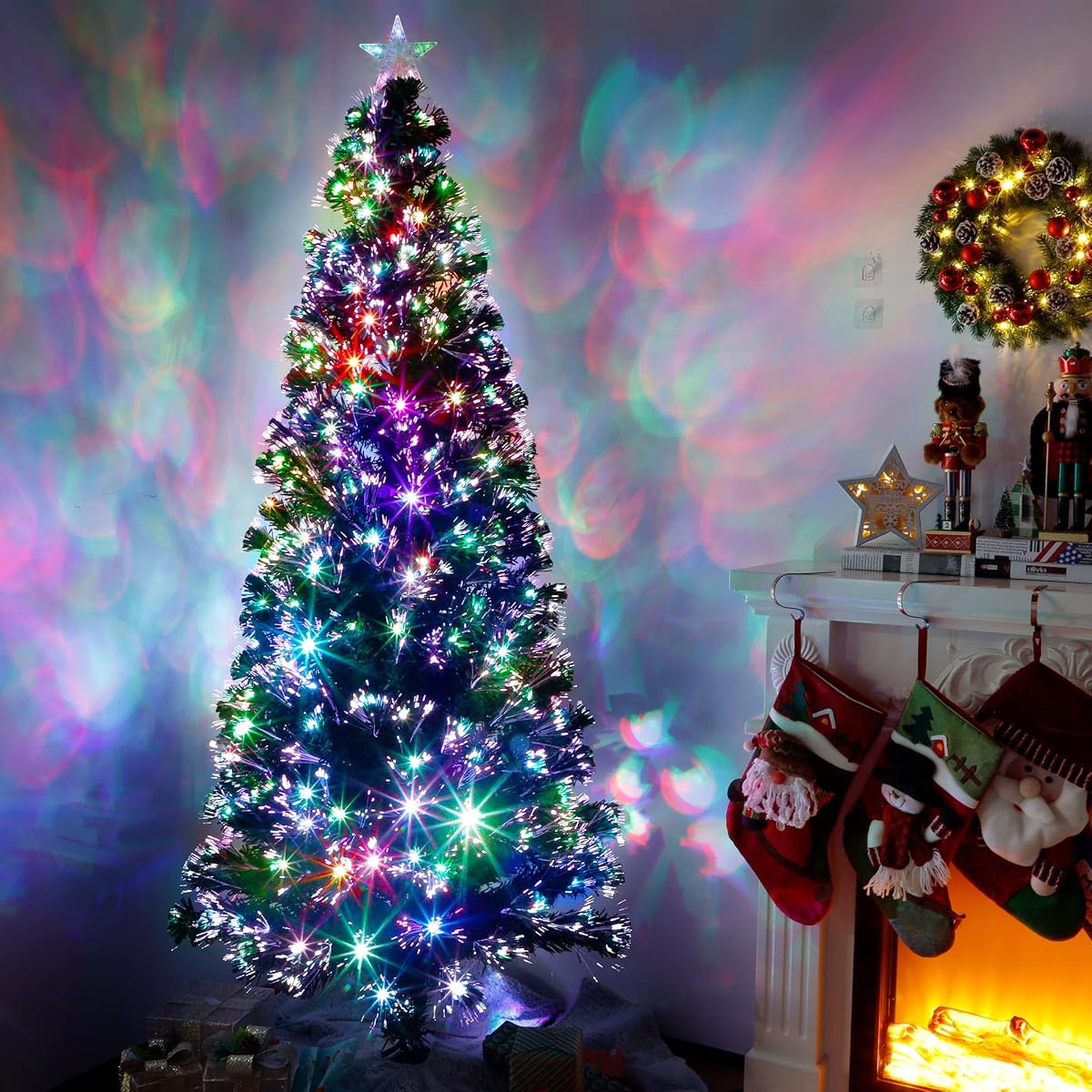 Lulu Home Prelit Christmas Tree, 7FT Artificial Fiber Optic Tree with 270 Branches and Topper Star, 275 LED Colorful Lighted Xmas Green Pine Tree with Metal Stand for Indoor Outdoor Holiday Decoration - imagen de detalle 3