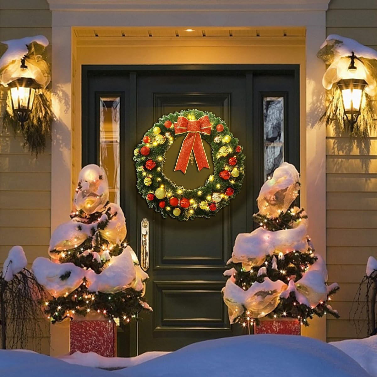 Lulu Home 24 Inch Pre-lit Christmas Wreath with Hook, Battery Operated Christmas Wreath Decorative Christmas Balls Hanging Ornament, Artificial Door Wreath 60 Clear LED Lights with Timer - detail image 3