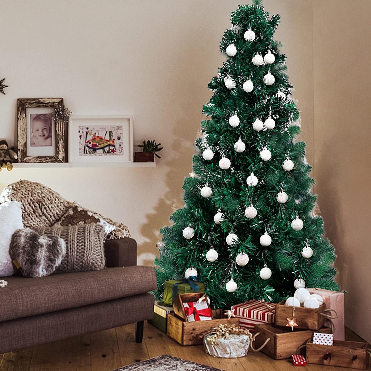 Lulu Home Christmas Ball Ornaments, 34 Ct 1.57" Pre-Strung Hanging Ornament Decorations, Xmas Shatterproof Plastic Balls for Holiday Party Wreath Garlands Trees, White - imagem de detalhe 3