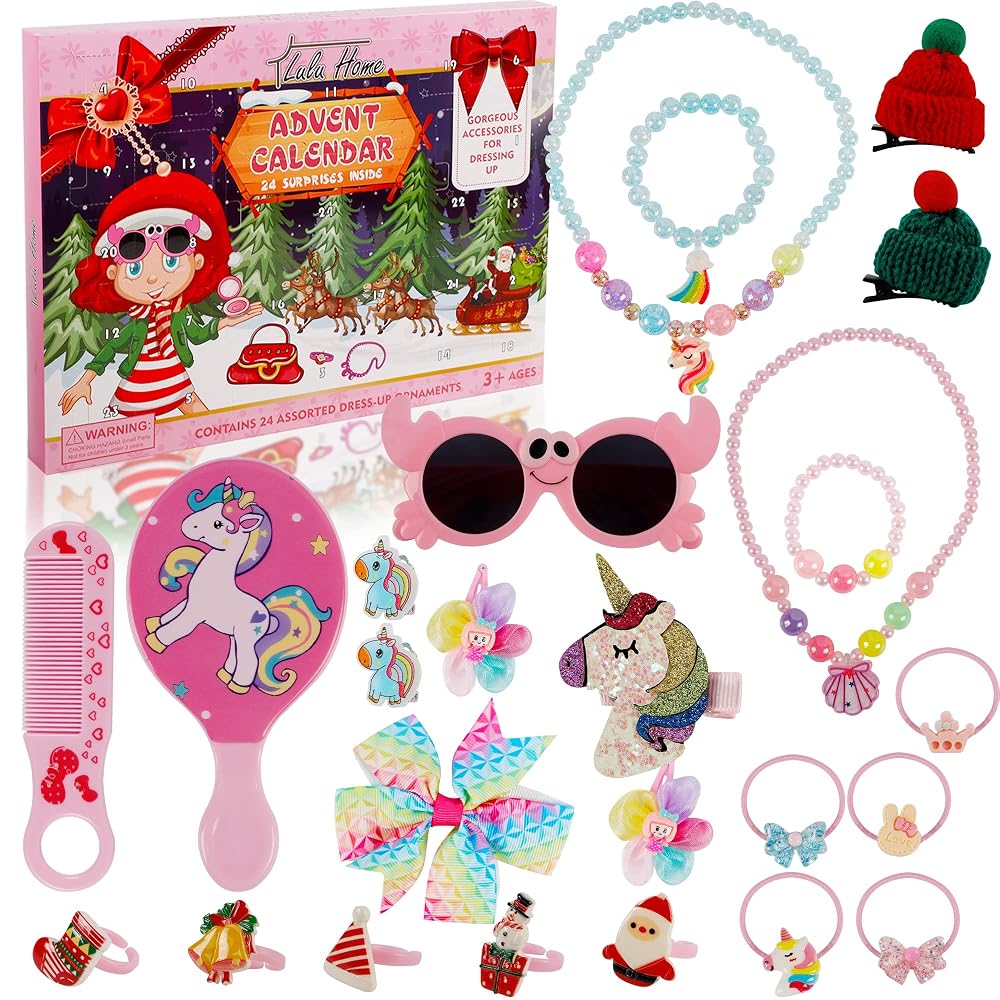 Lulu Home 2022 Christmas Advent Calendars, 24 Pcs Girls Dressing Up Accessories for Christmas 24 Days Countdown, Sunglasses Rings Necklace Hair Clips Christmas Gifts for Kids Princess Game Favor