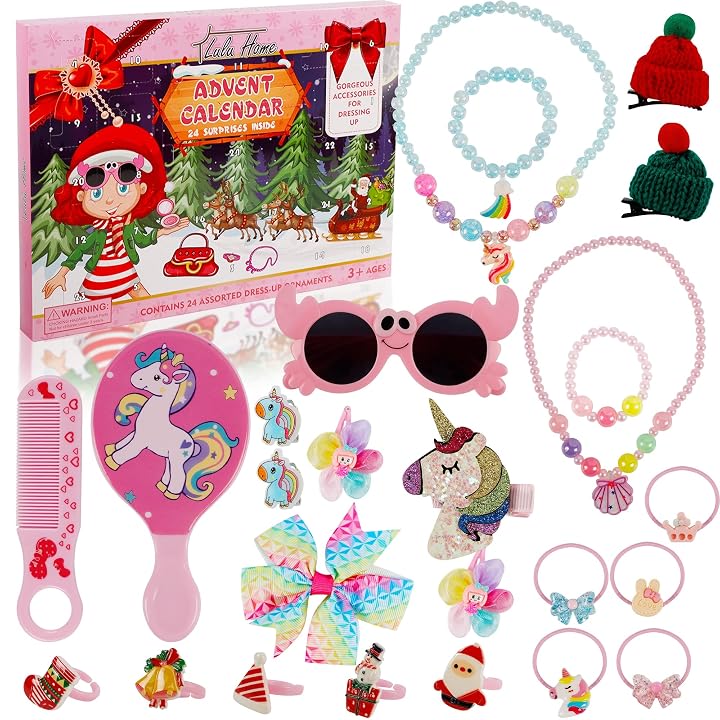 Lulu Home 2022 Christmas Advent Calendars, 24 Pcs Girls Dressing Up Accessories for Christmas 24 Days Countdown, Sunglasses Rings Necklace Hair Clips Christmas Gifts for Kids Princess Game Favor