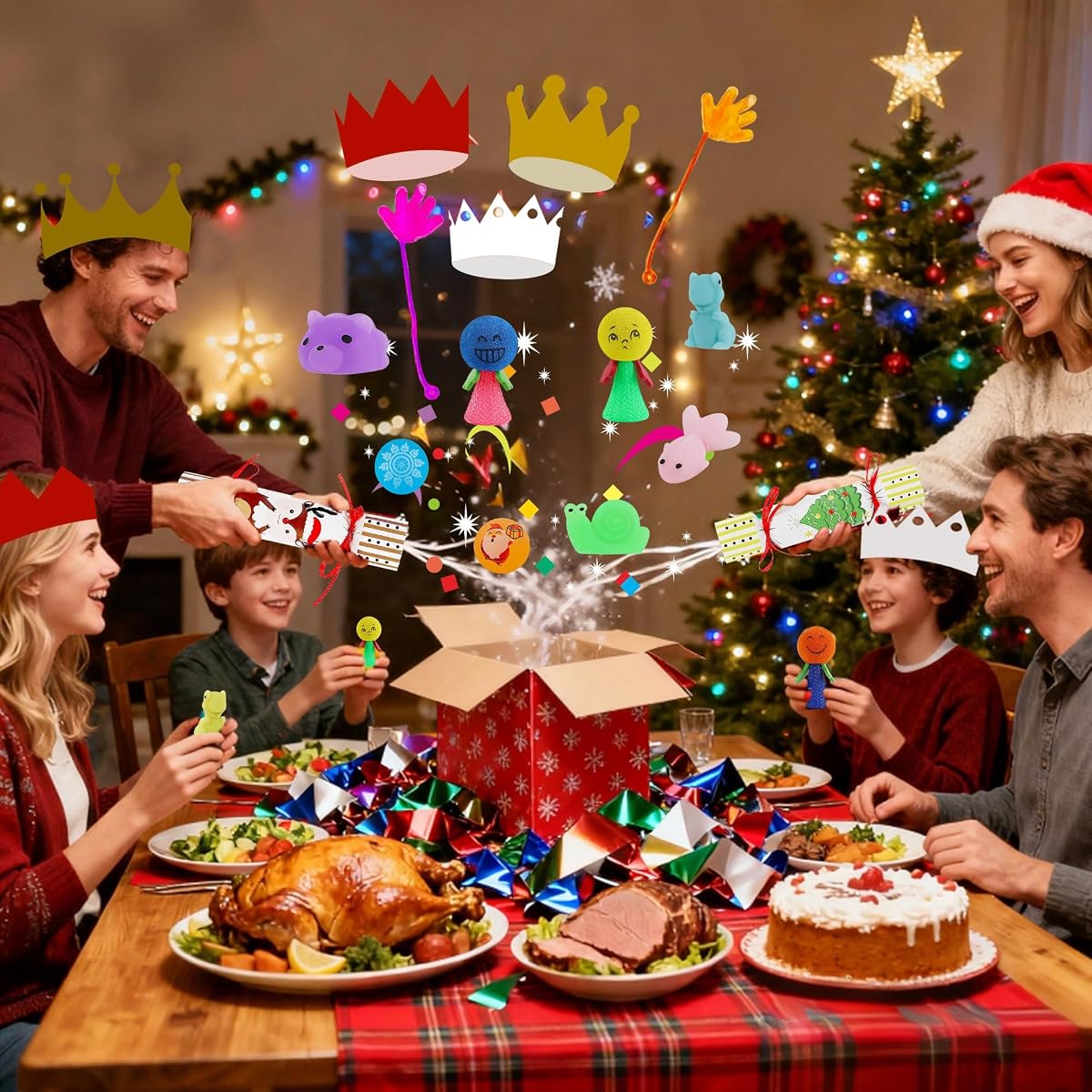 Lulu Home 12 Pack No-Snap Christmas Crackers Set, Party Favors with Hats, Jokes & Small Gifts for Xmas Holiday Dinner Table Decorations and Supplies, Each 6.5" H x 1.4" Dia - imagen de detalle 4