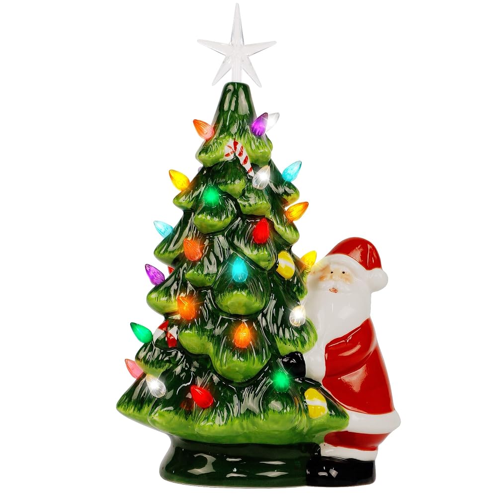 Lulu Home 13 Inch LED Light Up Ceramic Tabletop Christmas Tree with 54 Multicolored Lights and a 5 Point Star Topper, Green Vintage Ceramic Tree for Tabletop