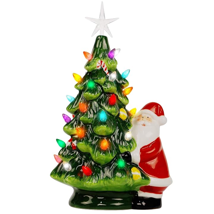Lulu Home 13 Inch LED Light Up Ceramic Tabletop Christmas Tree with 54 Multicolored Lights and a 5 Point Star Topper, Green Vintage Ceramic Tree for Tabletop