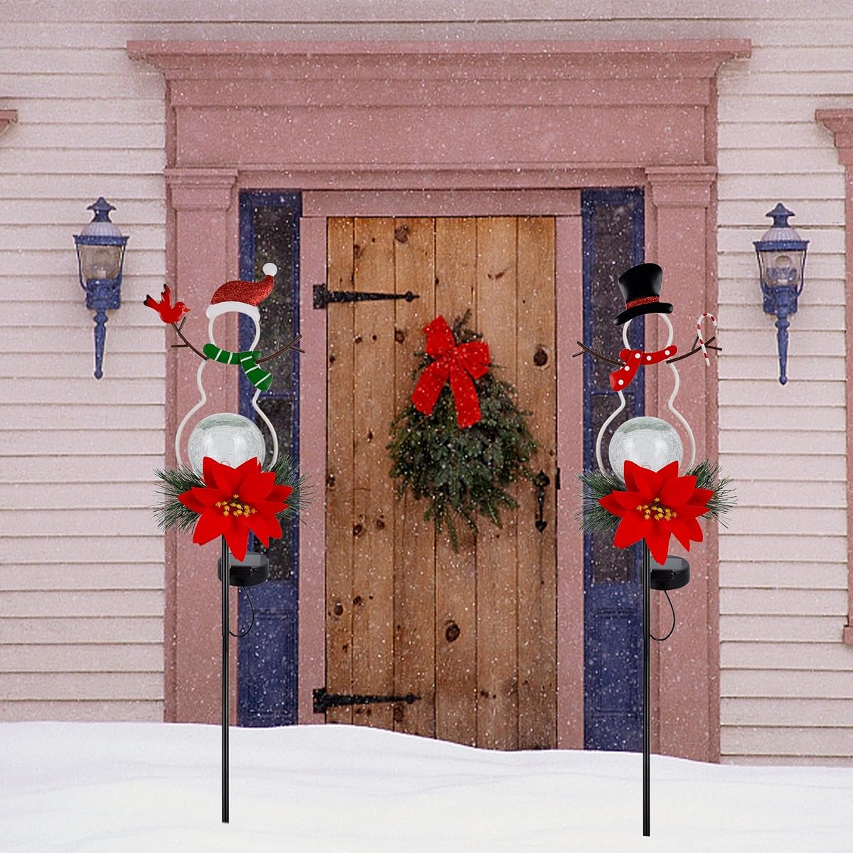 Lulu Home Christmas Yard Stakes, 31" Metal Snowman Garden Stakes with Solar Lighted Led Glass Balls for Xmas Holiday Winter Lawn, Pathway, Sidewalk Outdoor Decorations, Set of 2 - 细节图 4