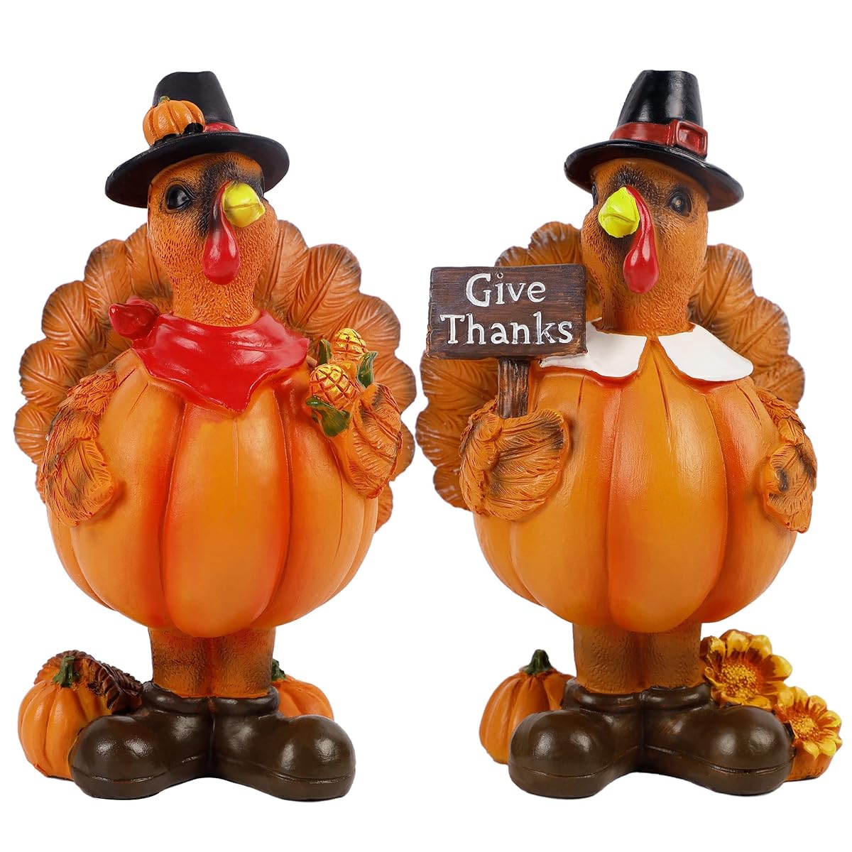 Lulu Home Thanksgiving Turkey Figurines, Give Thanks Resin Turkey Shelf Sitters, Thanksgiving Home Decor Craft Turkey Centerpiece Mantle Fall Fireplace Decor, 2 Pack - imagem de detalhe 1