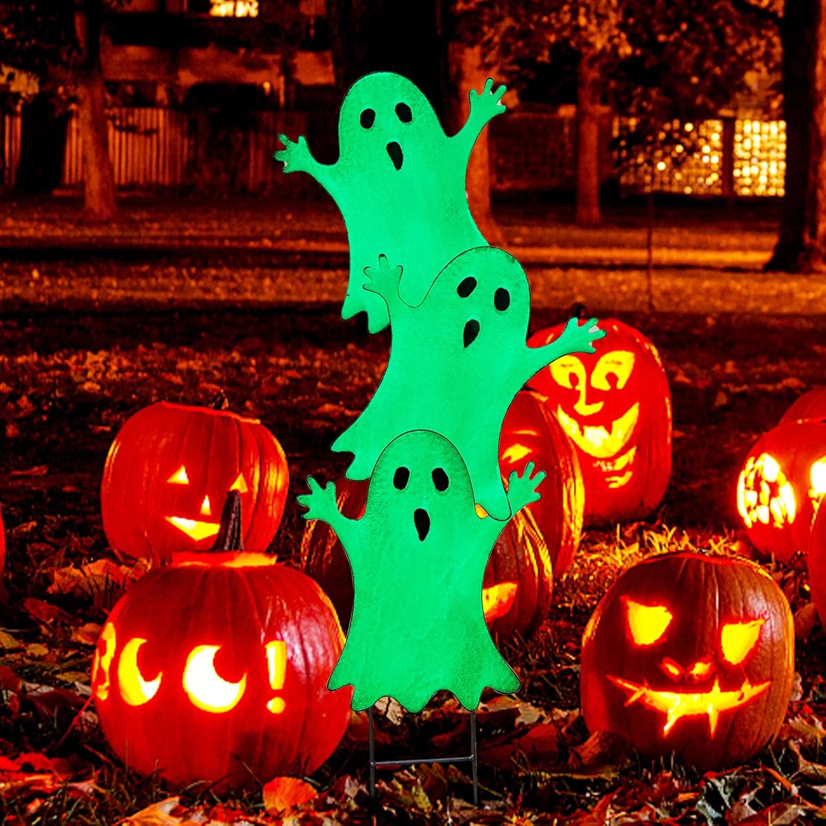 Lulu Home Halloween Yard Stake, 38.6" Glow in The Dark Metal Stacked Ghost with Green Fluorescent Layer, Halloween Yard Sign Stakes for Outdoor Front Yard Lawn Garden Decorations - imagen de detalle 2
