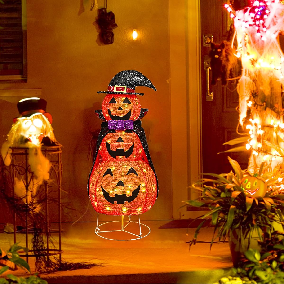 Lulu Home 3.5FT Light Up Halloween Decoration, 60 LED Collapsible Stacked Pumpkins with Vampire Cloak, Plug-in Pre-lit Jack-O-Lantern Front Door Porch Indoor Outdoor Decoration - imagen de detalle 5