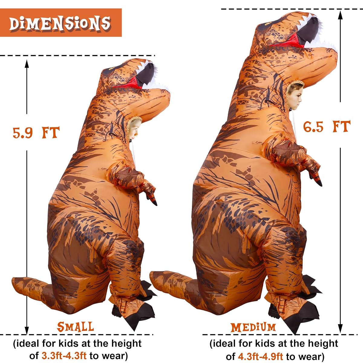 Lulu Home 6.5FT H Inflatable Dinosaur T-Rex Costume for Kids, Halloween Blow Up Fancy Dress Costume for Boys Girls Dinosaur Themed Party Trick or Treat Activity, Brown - Medium - imagem de detalhe 1