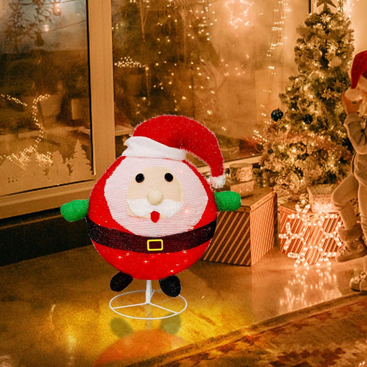 Lulu Home 23.6 Inch 48 LED Lighted Ball-Like Collapsible Santa Clause Ornaments with Clear Lights, Plug-in Foldable Light Up Adorable Father Christmas Yard Decor - imagem de detalhe 6